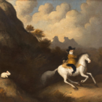 A mouse riding on a horse in a mountainside scene, Painting by Rembrandt